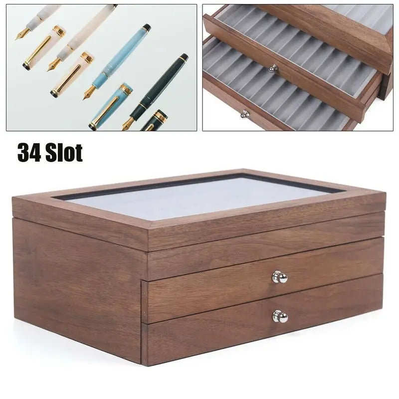 Pen Storage Case 34 Slots Walnut Wood Cabinet With Drawer Student Stationery Pen Display Show  Gift Case