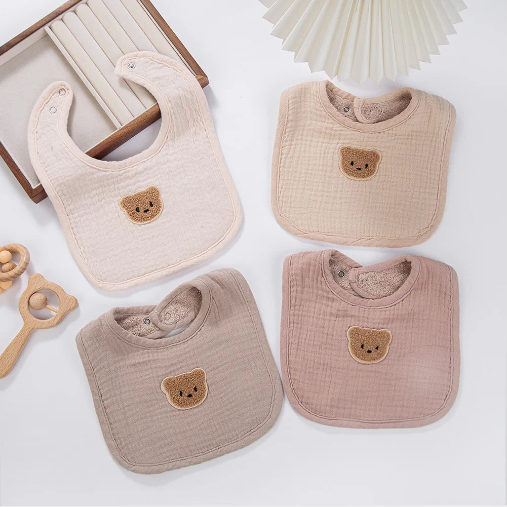 Cute Bear Muslin Baby Bibs With Pockets U-Absorbent Dribble Towel