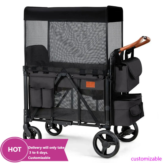 Wagon Stroller for 2 Kids, High Seat & 5 Point Harness, Foldable All-Terrain Wagon for Toddler with Canopy, Parent Organizer,D