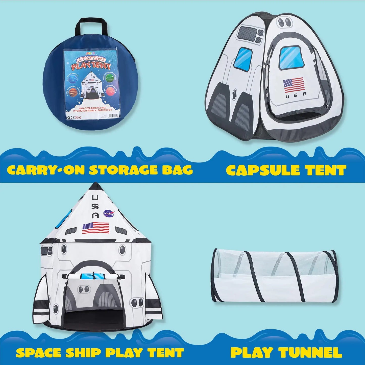 Joyfy Rocket Ship Play Tent Set With Tunnel For Kids