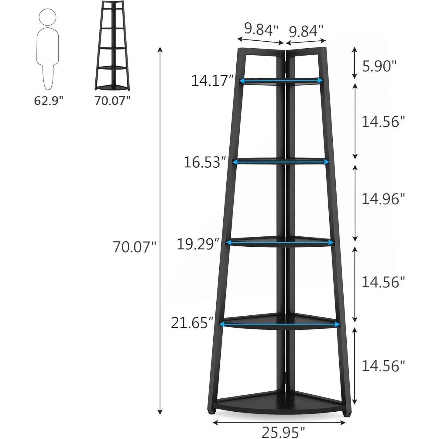 5 Tier Corner  Bookcase, 70 inch Tall Corner Shelves Standing Shelving Unit Indoor Plant Stand for Living Room, Home Office