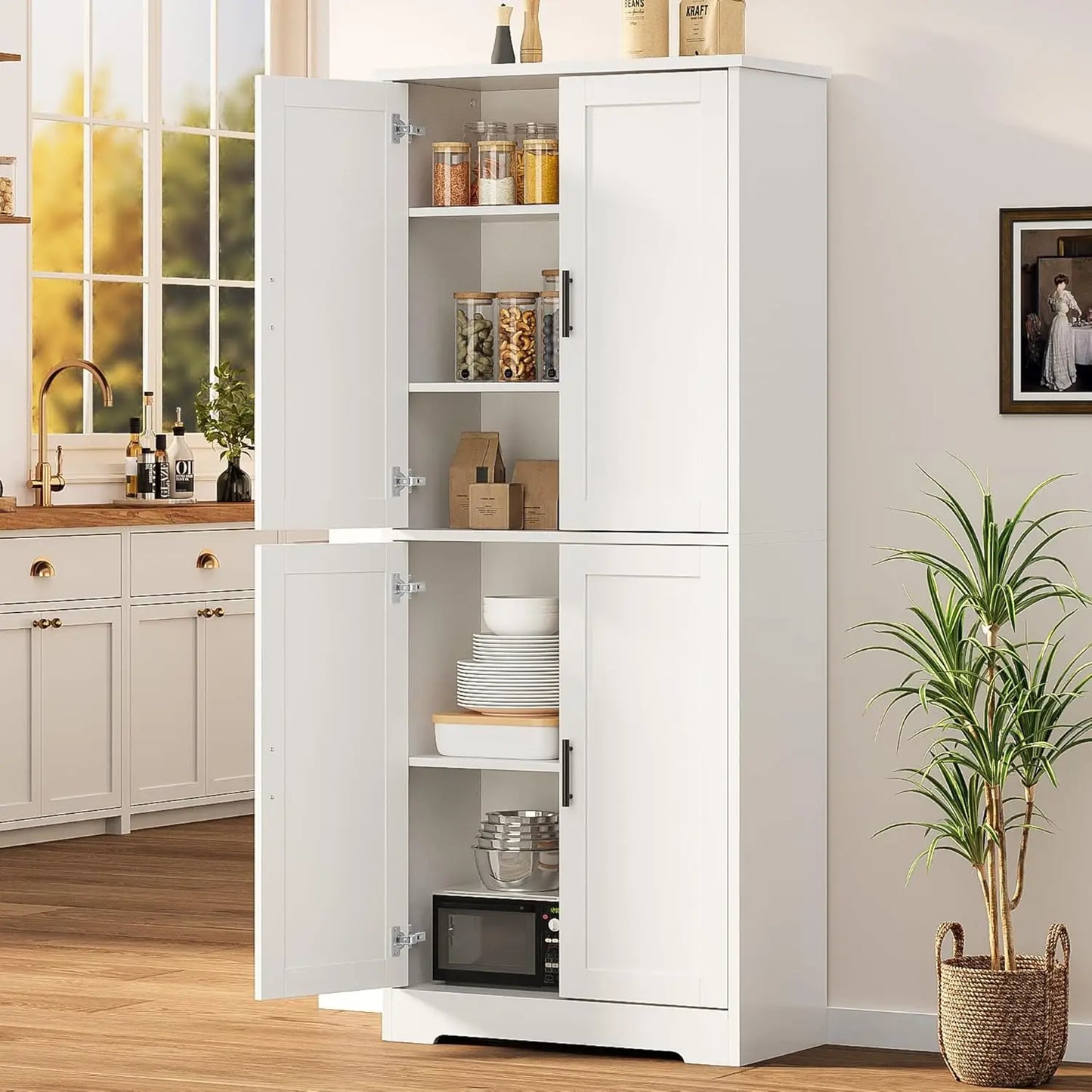 70 Inch Tall Kitchen Pantry Cabinet, Freestanding Storage Cabinet with 4 Doors and Adjustable Shelves, Utility Hutch Cupboard fo