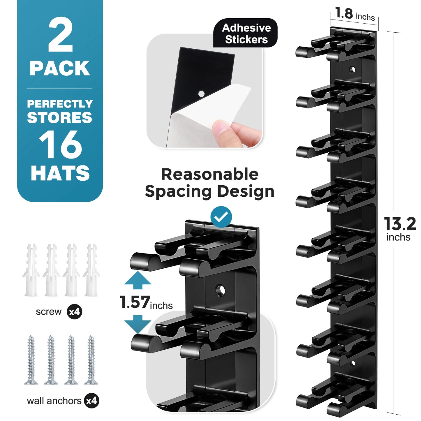 Hat Organizer for Baseball Caps, 2 Pack Hat Racks for Wall Closet Door Hold up to 16 Hats,Hat Holder with Adhesive and 8 Screws