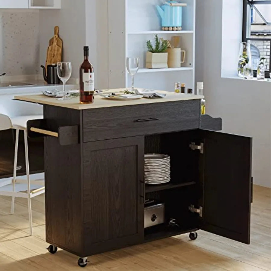 Rolling Kitchen Island Table on Wheels with Drop Leaf, Storage Cabinet, Drawer, Spice/Towel Rack, Kitchen Cart, 47.25 Wide Blac
