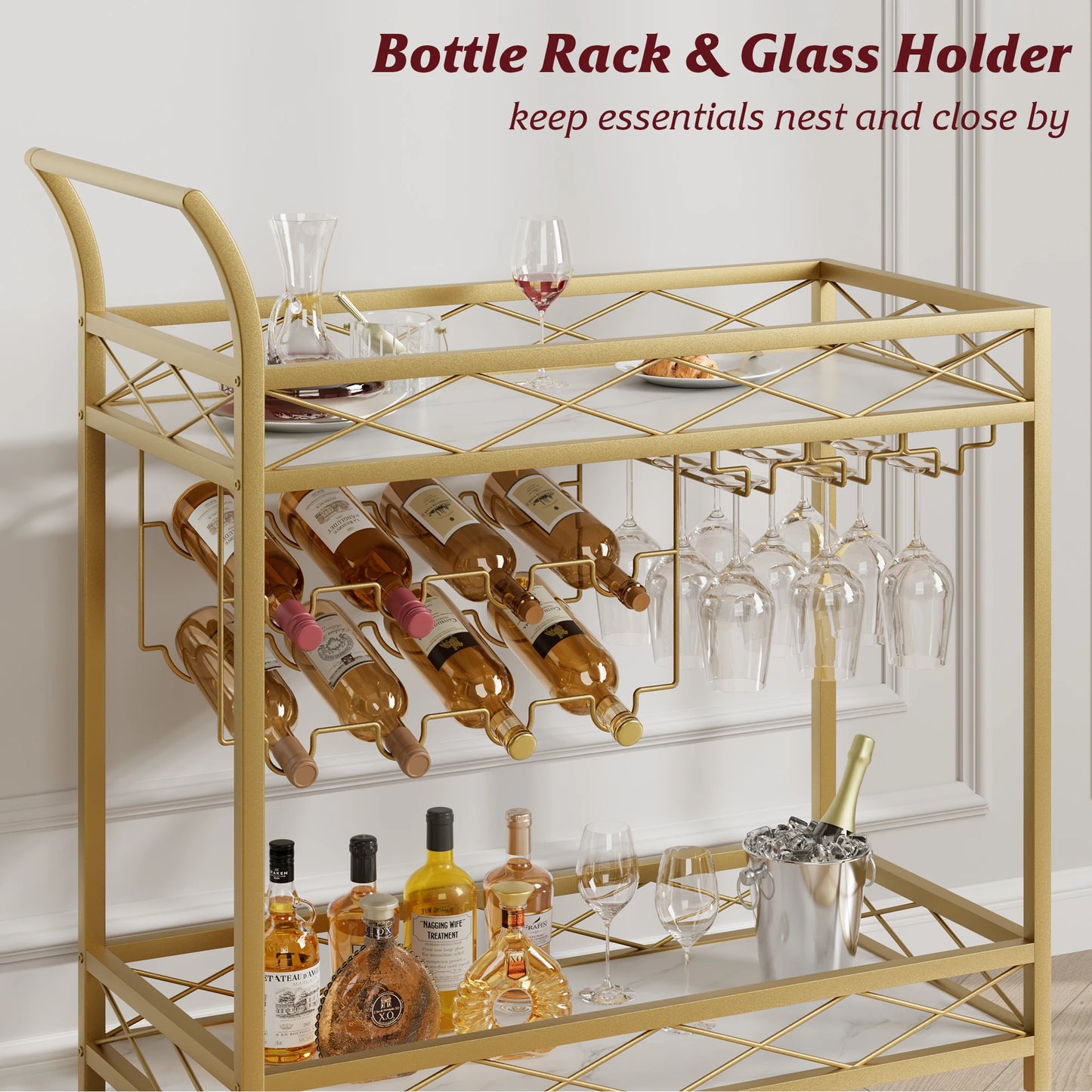 2-Tier Home Dining Room Bar Serving Cart on Lockable Wheels Mobile Beverage Cart with Wine Racks Glass Holder Rolling Wine Cart