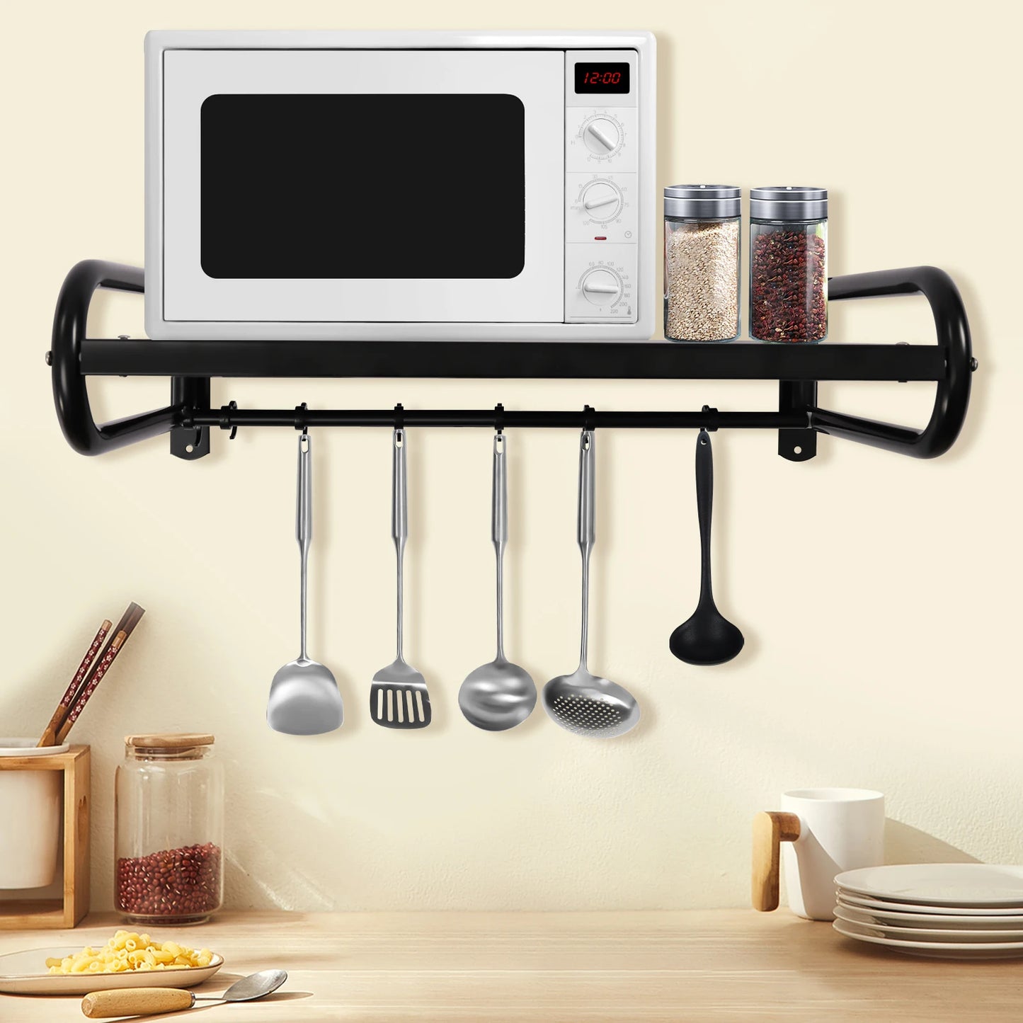 Microwave Shelf Wall Mount, Microwave Wall Shelf with 6 Hook, Load Capacity 66lbs, Black Carbon Steel Counter Countertop Holder