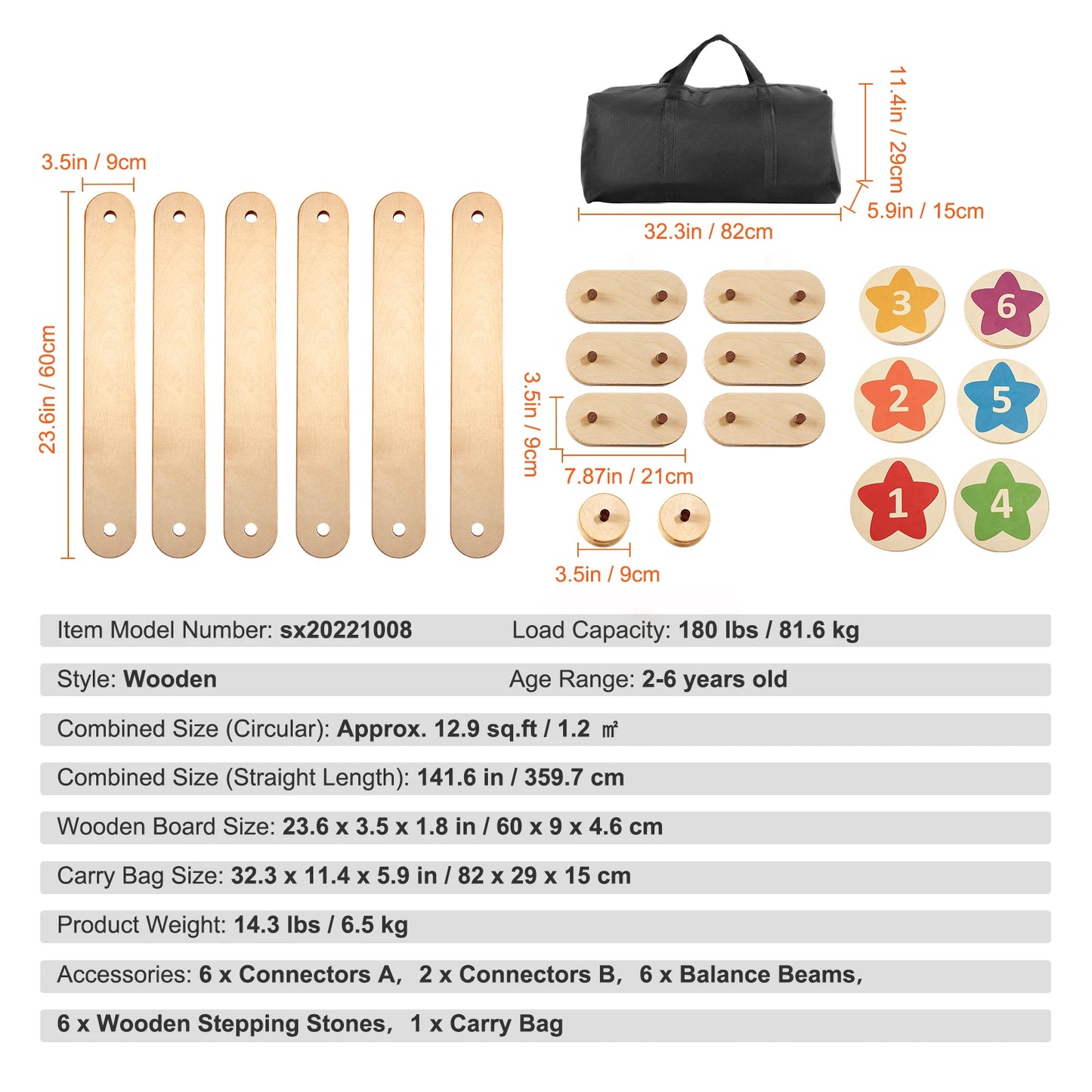 SucceBuy 6PCS Kids Balance Beam Stepping Stones Wooden Toddler Balance Boards Indoor/Outdoor Montessori Toy for Children Gifts