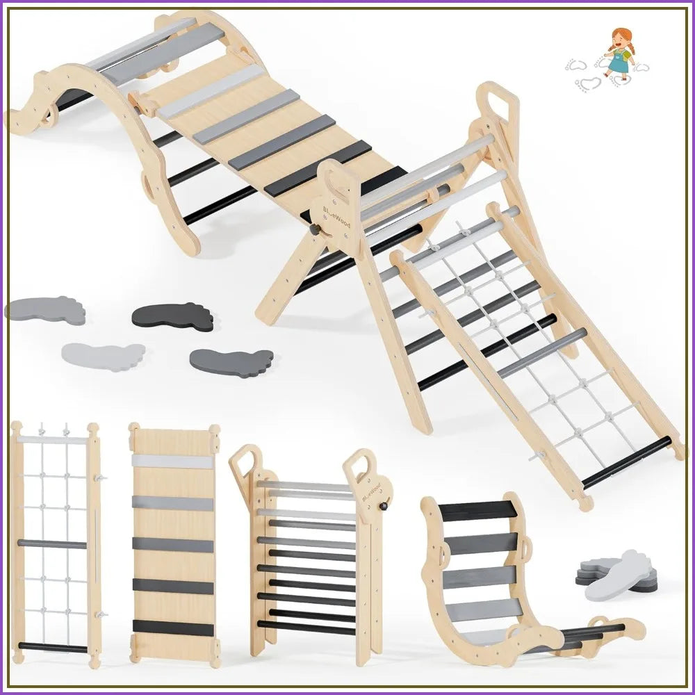 10-in-1 Pikler Triangle Set, Toddler Climbing Toys Indoor, Montessori Climber, Baby Jungle Gyms with Arch, Extra Rope Ladder & Footprint Balance Beam - Grey Twilight