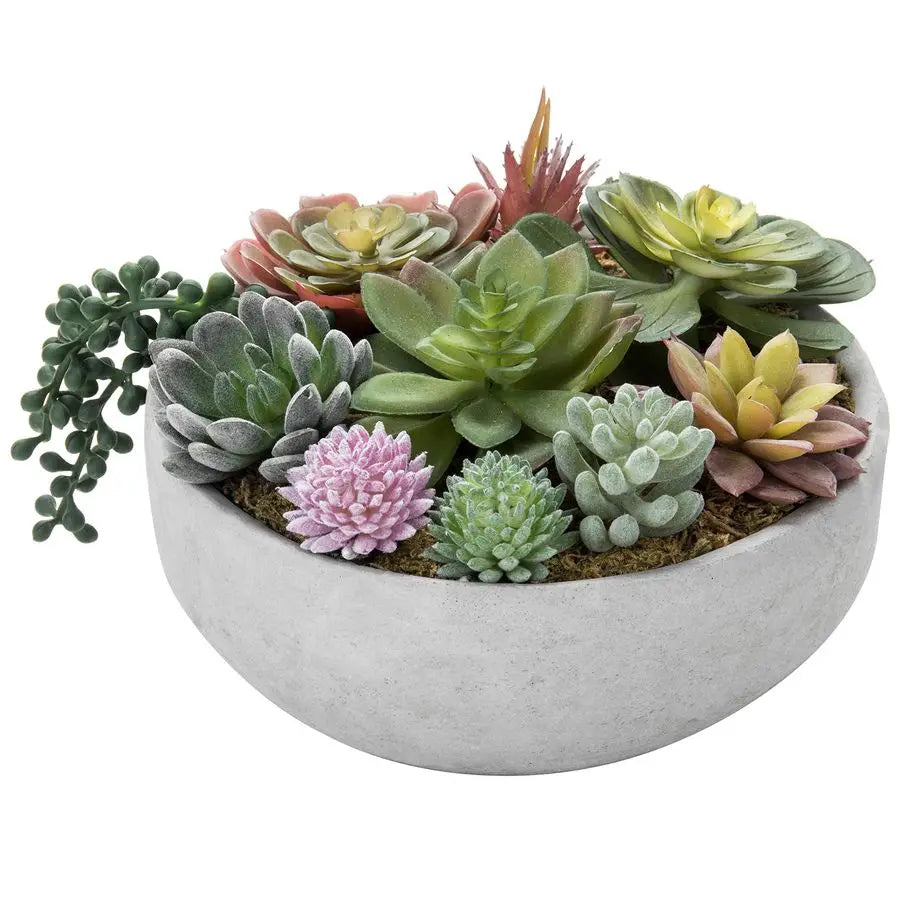 8 Inch Round Modern Artificial Succulent Arrangement Potted in Gray Concrete Plant Bowl, Assorted Faux Mini Succulents in a Deco