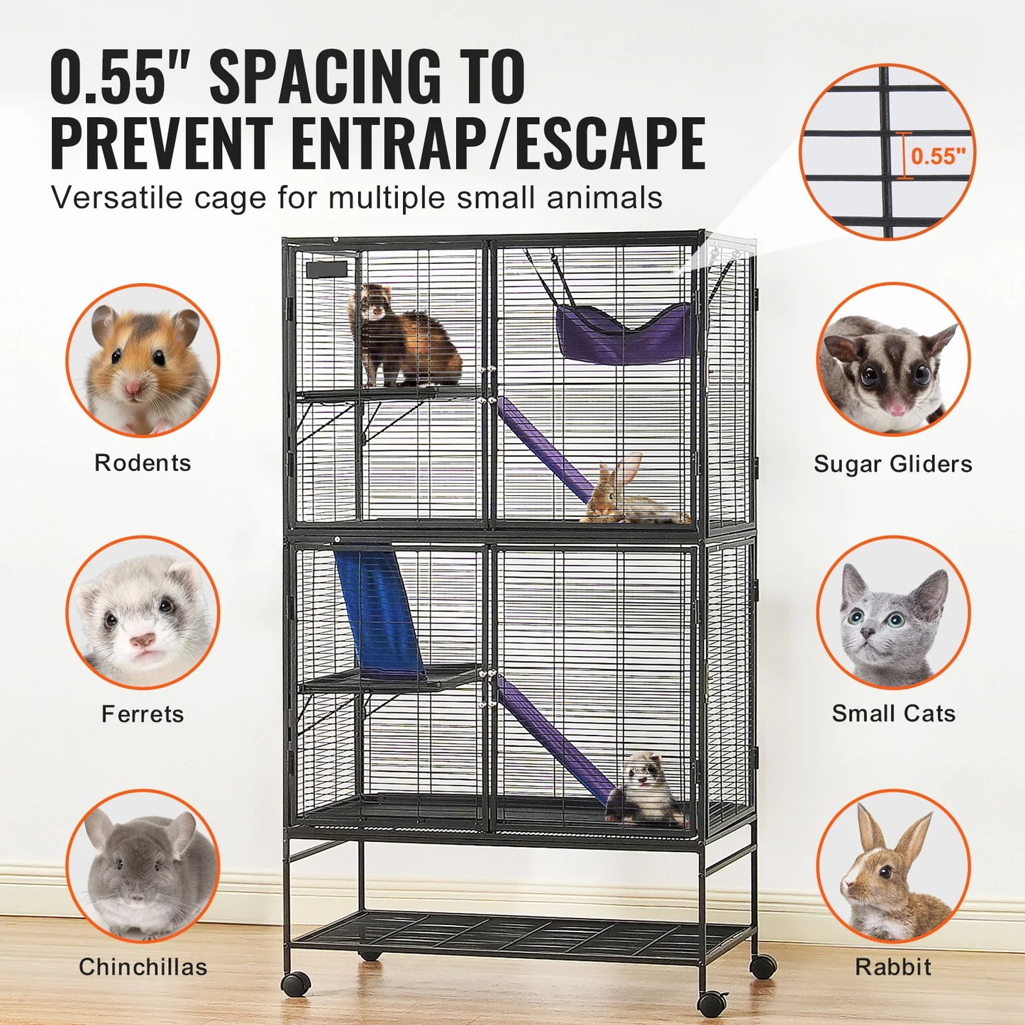 SucceBuy 64.6" Rolling Metal Ferret Cage Large 4-Tier Cage Small Animal Cage for Pet Rats Hamster Guinea