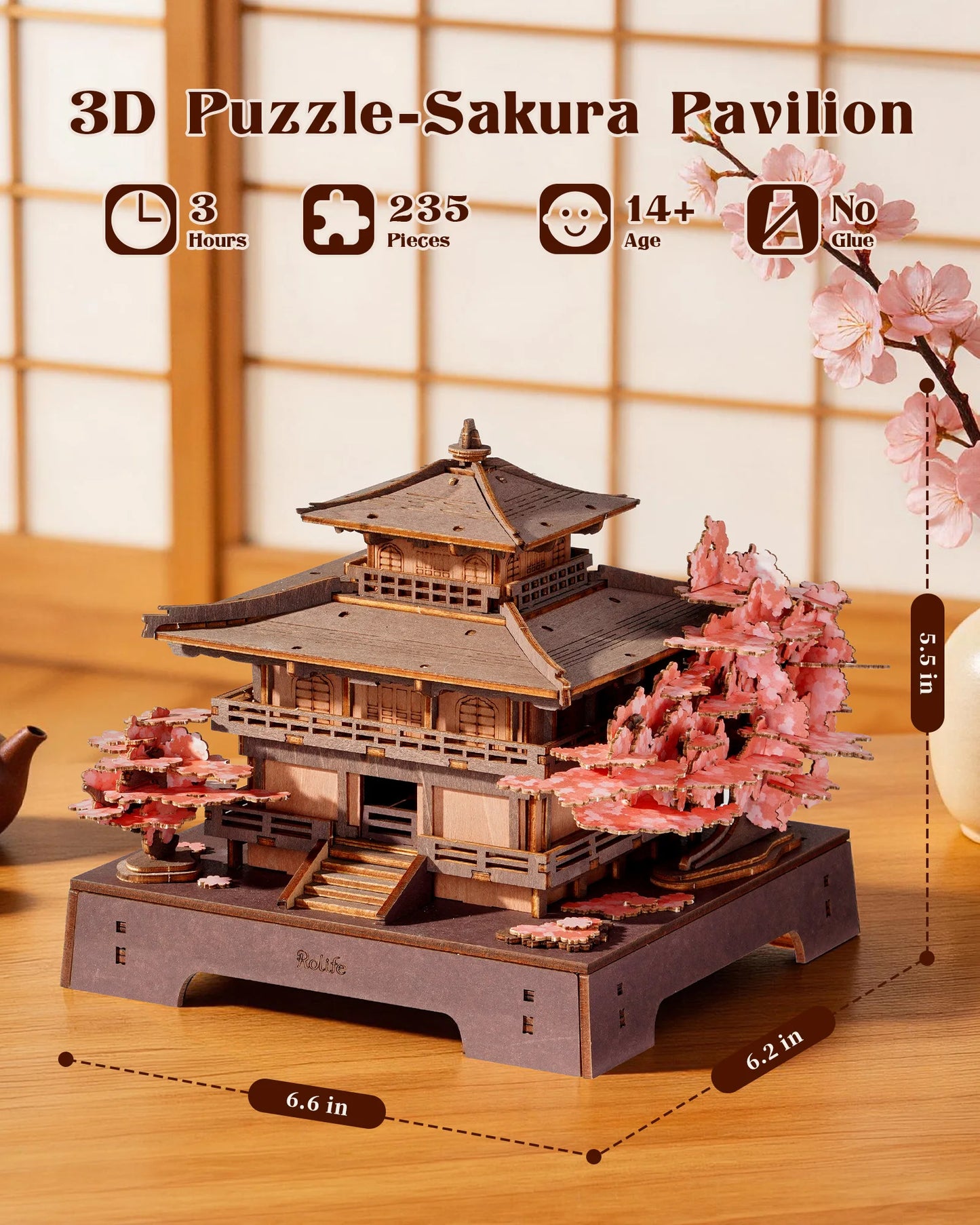 ROKR Sakura Pavilion 3D Wooden Puzzle – Japanese Architecture Model with Cherry Blossom Theme, 235-Piece DIY Craft Kit for Adults & Teens