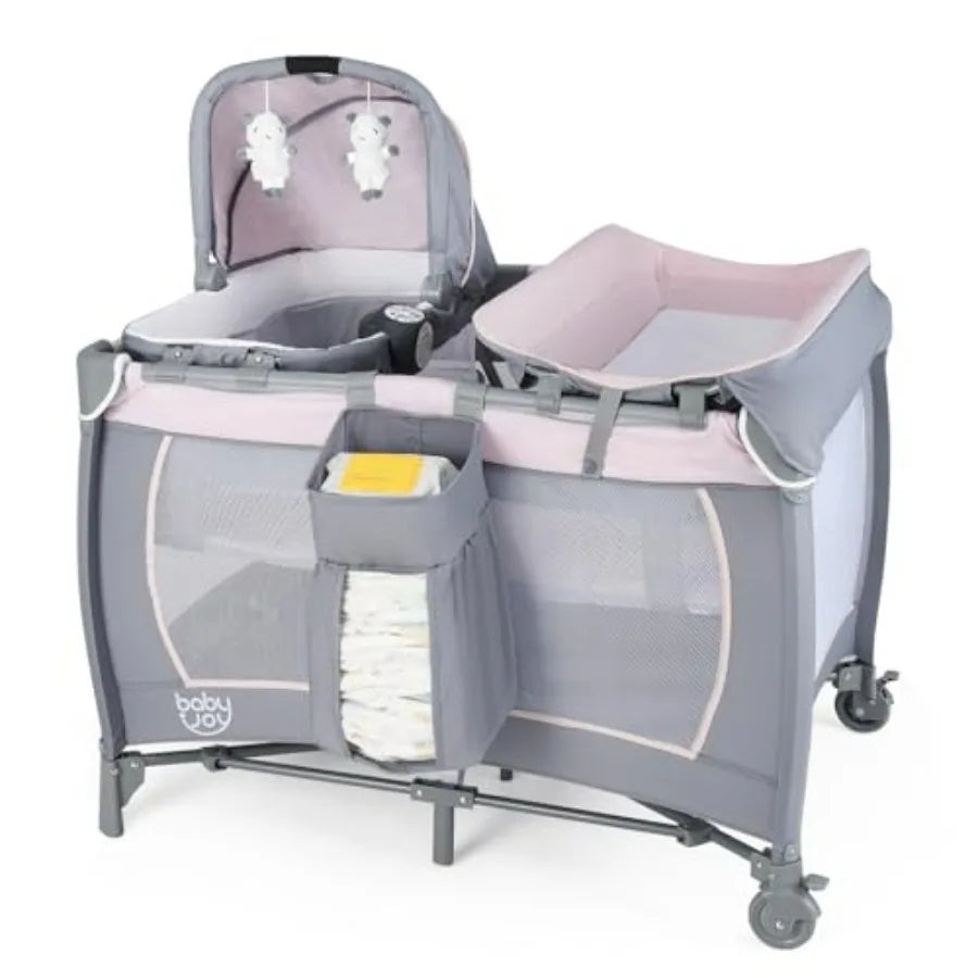 5 in 1 Pack and Play Portable Baby Playard with Bassinet Diaper Changing Table Infant Pink Bassinet Crib with Toys Music Ox Ba