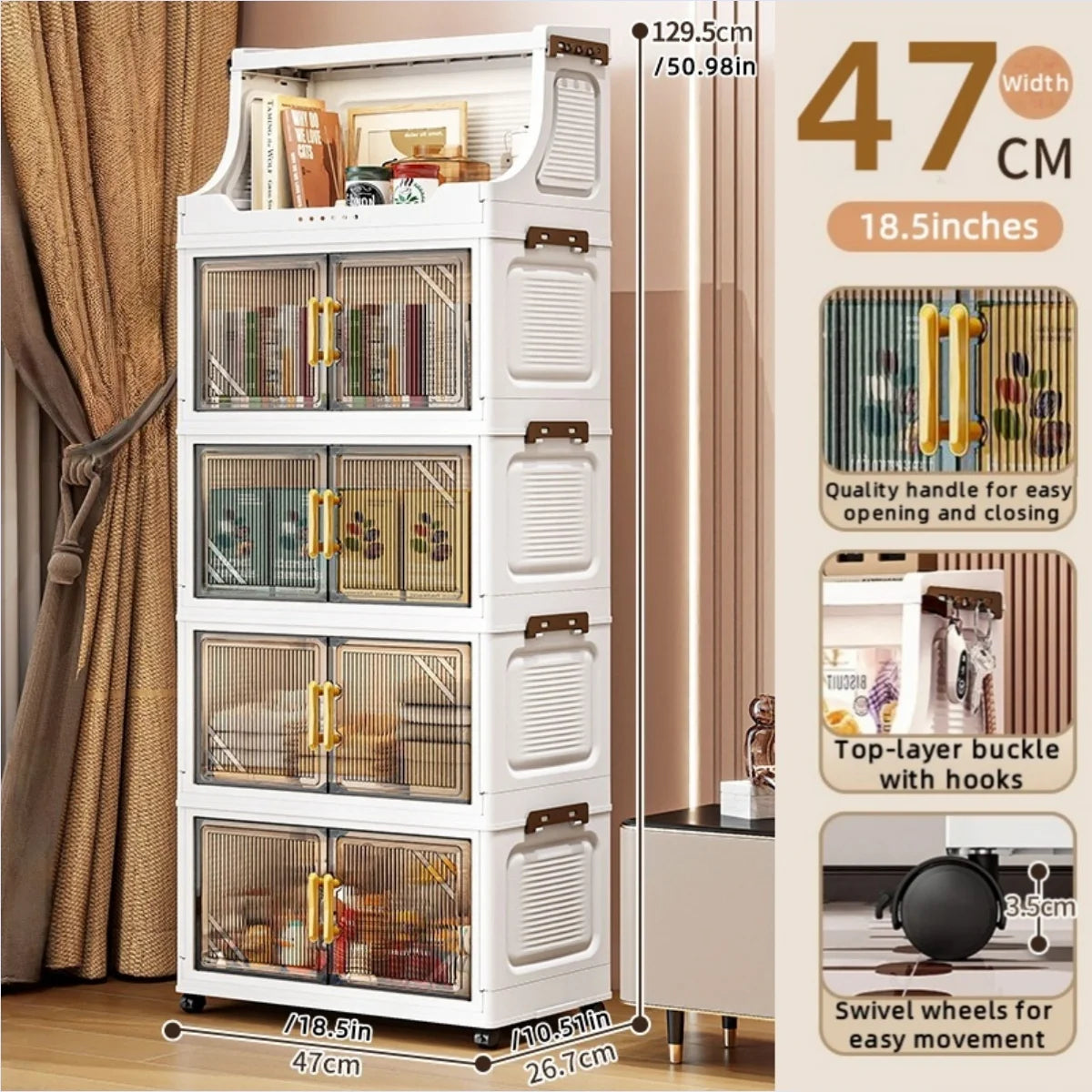 Large Foldable Flip-Top Transparent Storage Cabinet with Wheels, Space-Saving Mobile Home Organizer