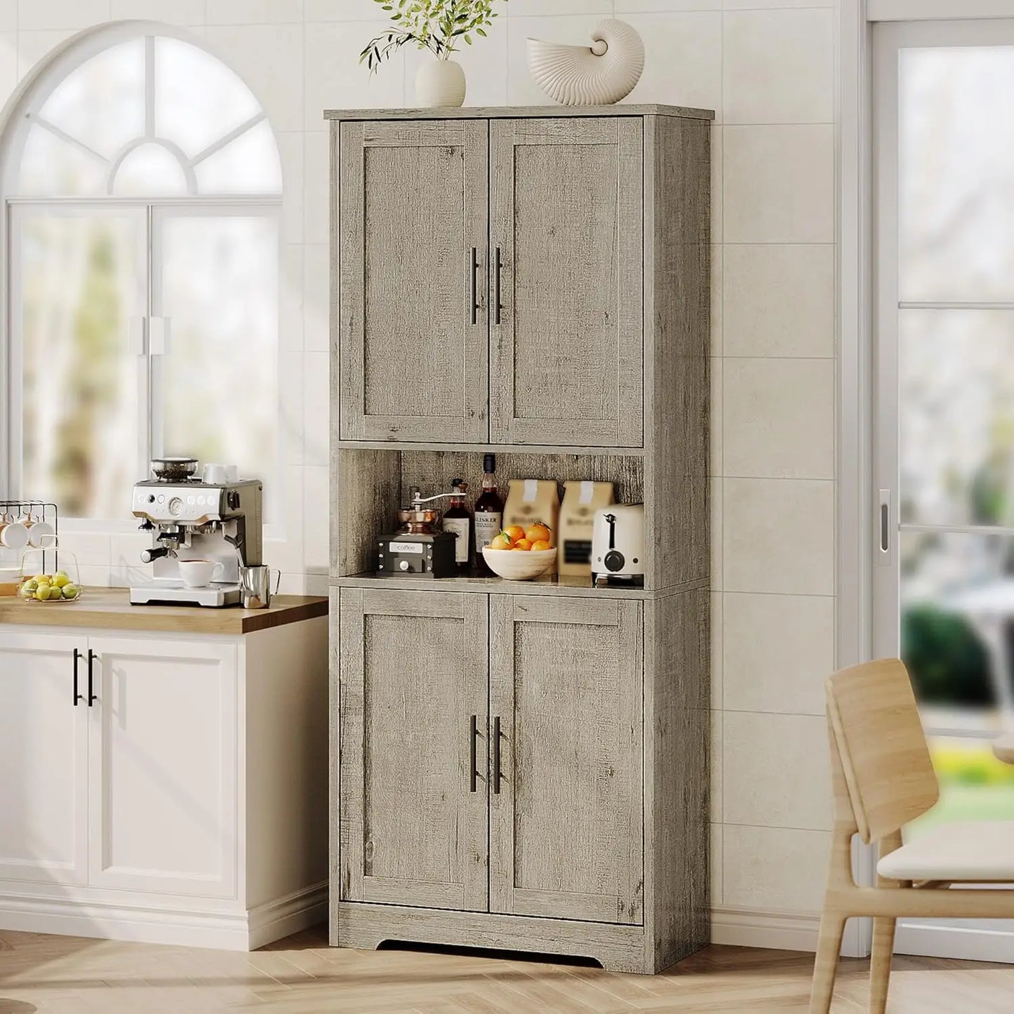 70 Inch Tall Kitchen Pantry Cabinet, Freestanding Storage Cabinet with 4 Doors and Adjustable Shelves, Utility Hutch Cupboard fo