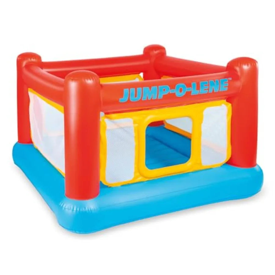 Inflatable Jump-O-Lene Trampoline Bounce House for backyard use PVC material blue and red color features crawl-thru door and sa