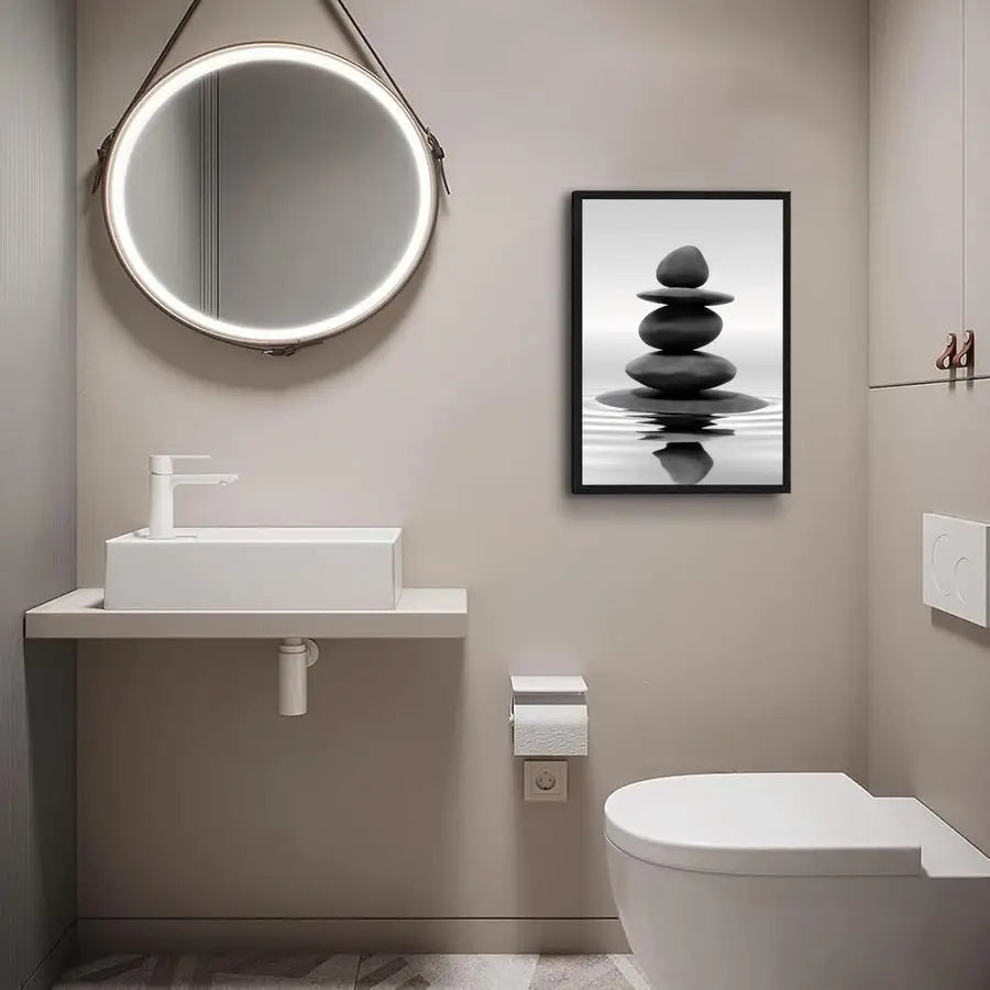 Framed Zen Stone Wall Art for Bathroom and Meditation