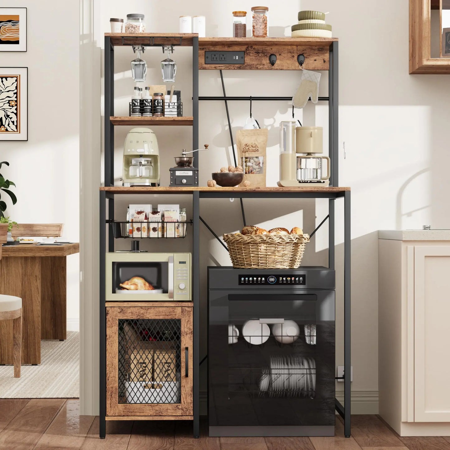 Kitchen Bakers Rack With Power Outlet And Coffee Bar Stand