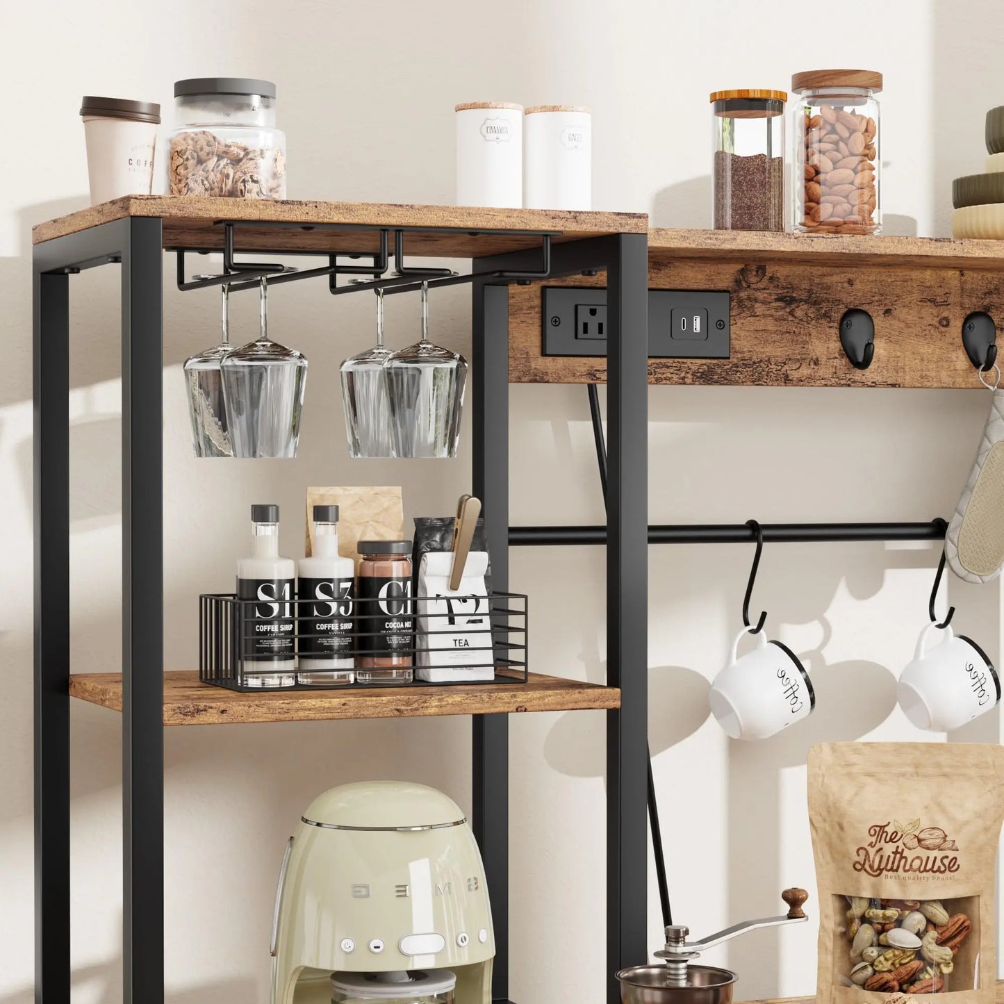 Kitchen Bakers Rack With Power Outlet And Coffee Bar Stand