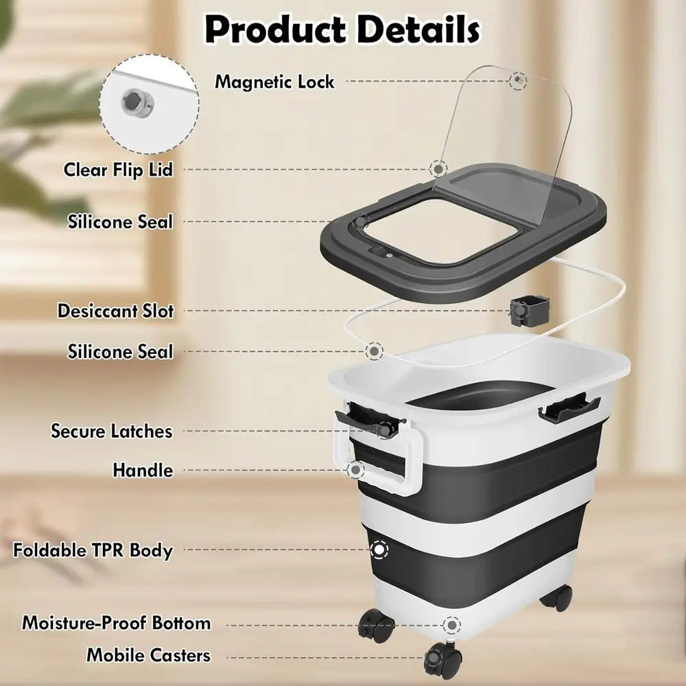 Large Collapsible Pet Food Storage Container with Airtight Lid, Wheels, Handle, and Measuring Cup for Dogs and Cats (Black)