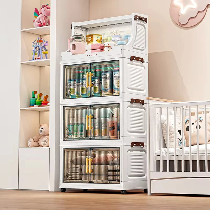 Large Foldable Flip-Top Transparent Storage Cabinet with Wheels, Space-Saving Mobile Home Organizer