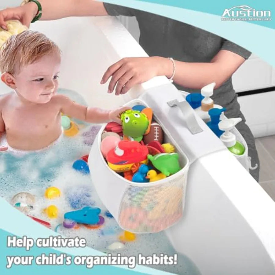 Saddle shape 2 Compartments Bath Toy Organizer, Easy Access for,Wide Opening Bath Toy Holder for Drying Toys and Storage, Mesh