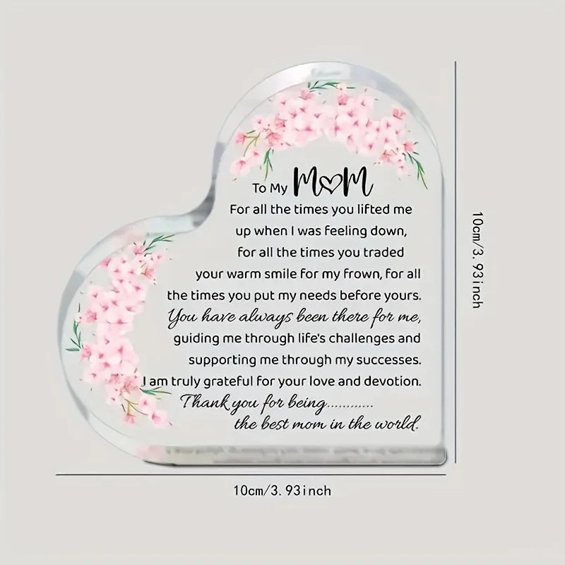 Heart Shaped Acrylic Mom Appreciation Plaque Floral Design Elegant Script