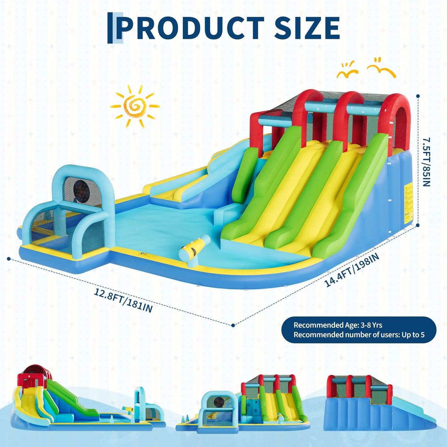 Inflatable Bounce House With 3 Slides, Water Slide Bouncy Castle With Splash Pool & Blower For Kids Indoor Outdoor Play Center Set