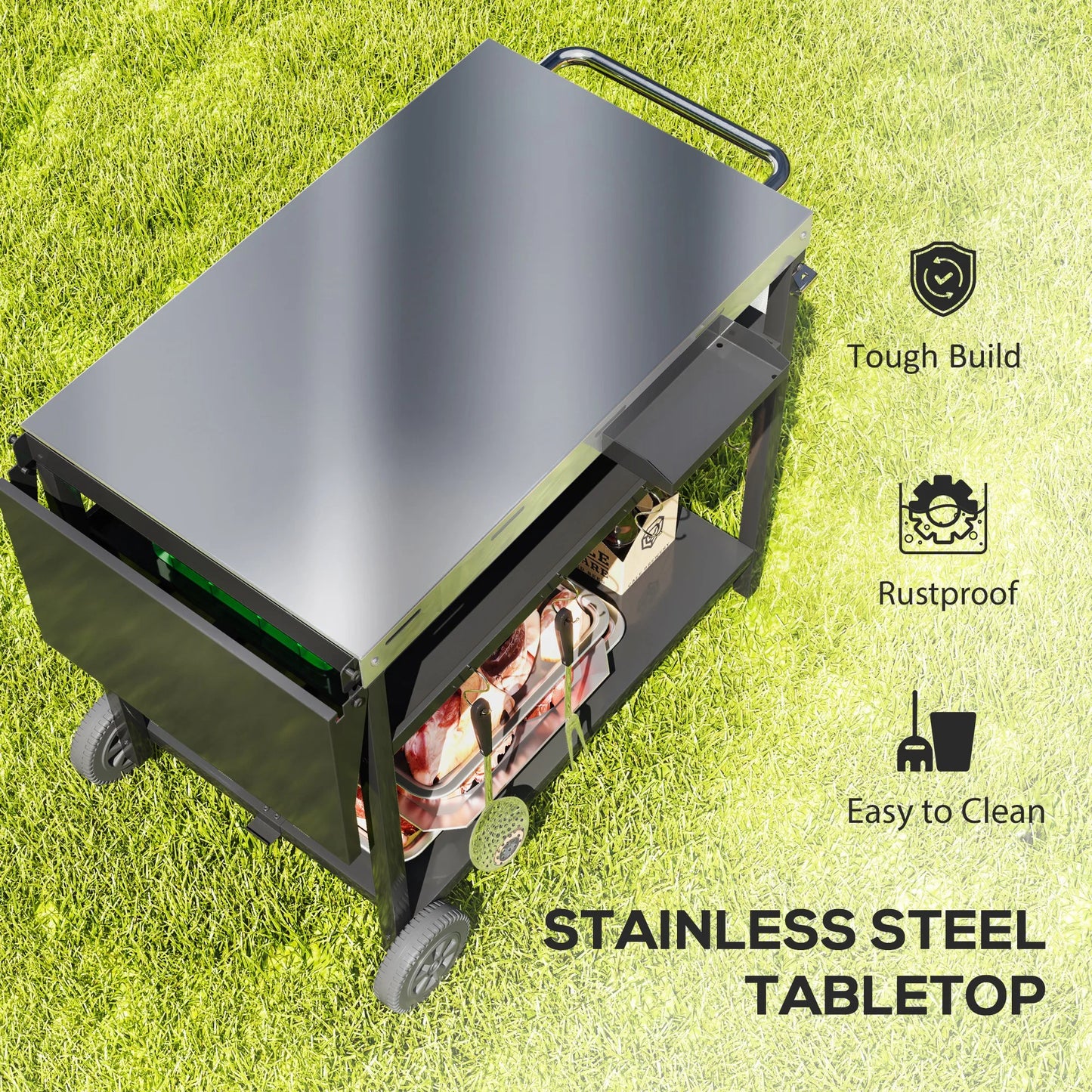Outdoor Bar Cart Grill Table With Wheels And Prep Storage