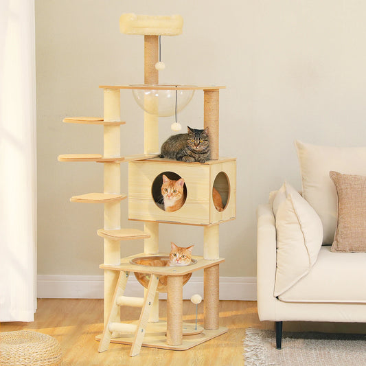 Multi-Level Cat Tree | Wood Cat Tower with Scratching Posts, Condo & Hammock