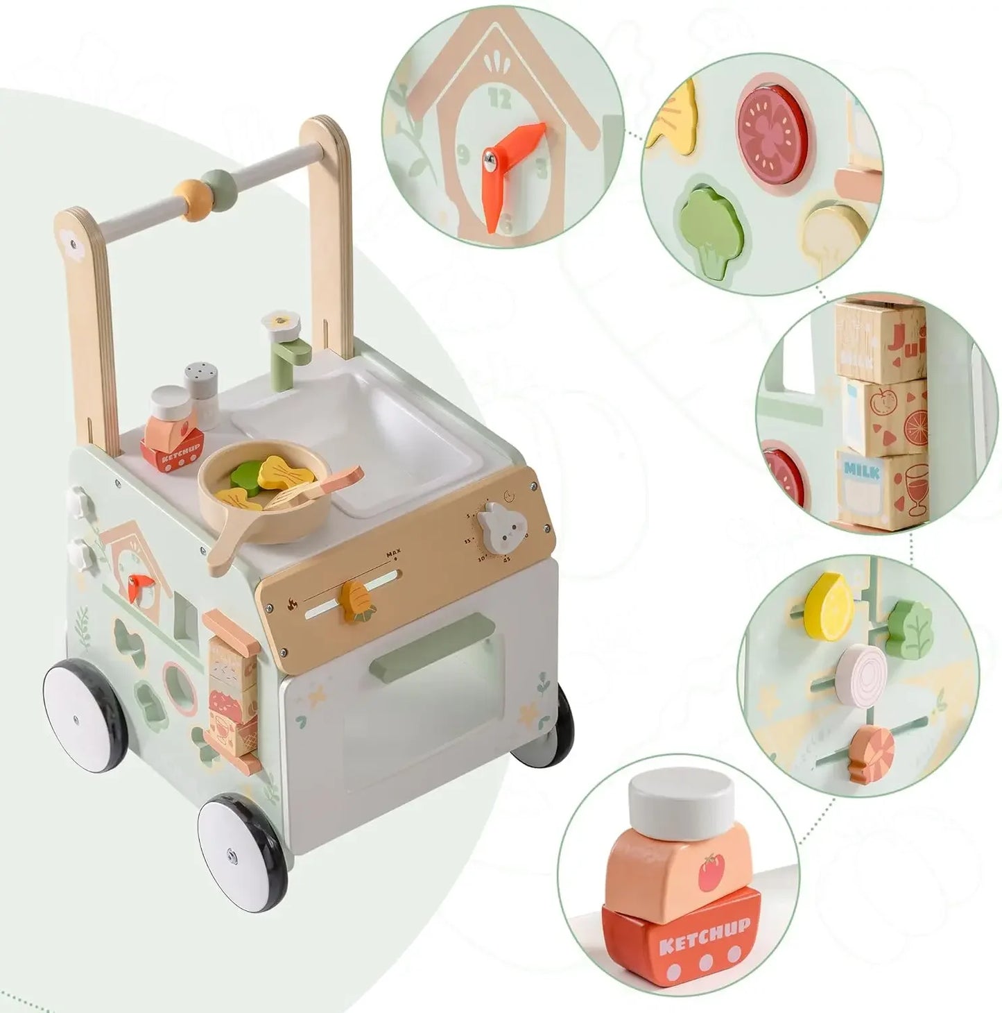 Robud Adjustable Height Wooden Baby Walker Push Toy For Early Walking