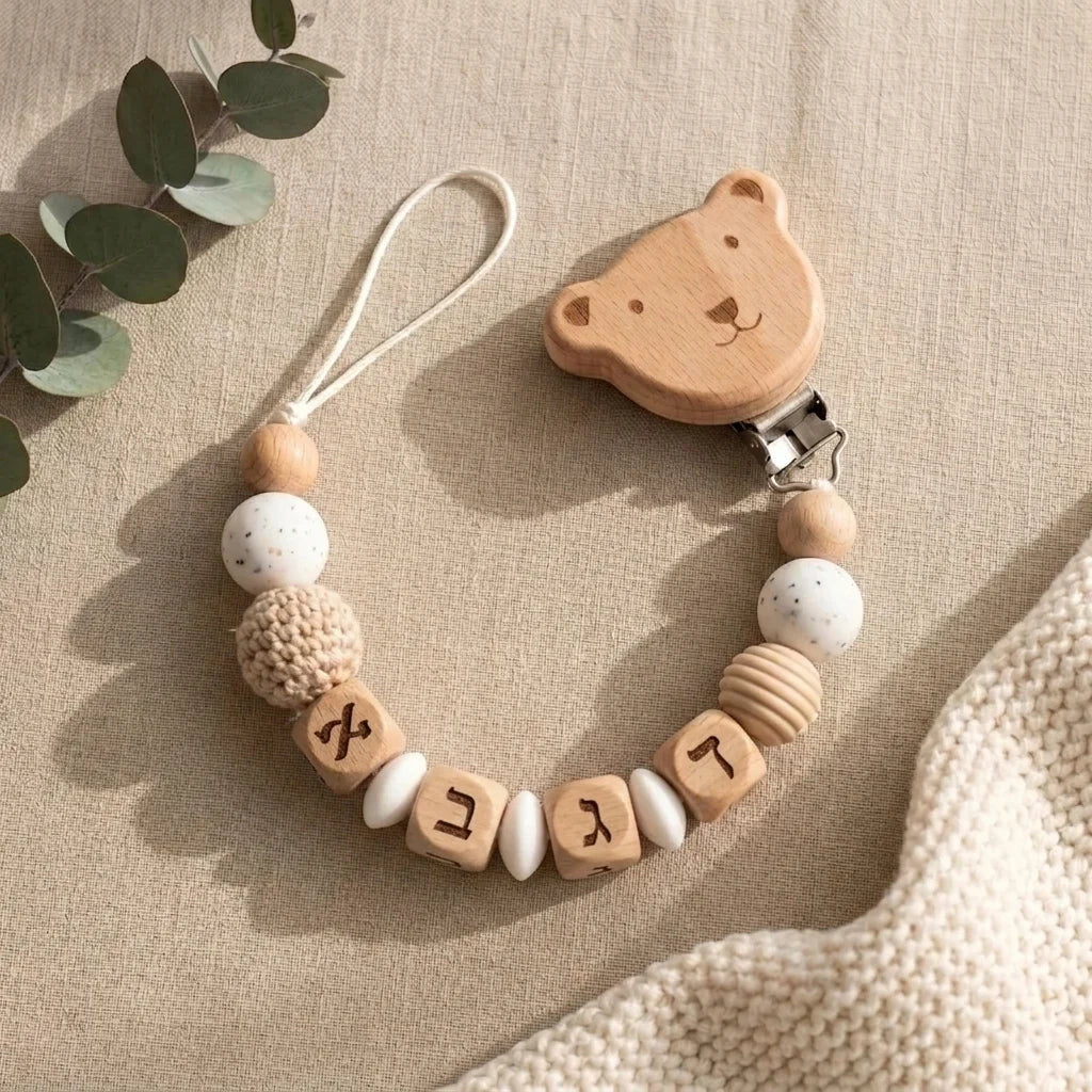 Custom Name Pacifier Clip Hebrew Baby BPA Free Silicone Teether Holder Wooden Beads Dummy Chain Soother Clip Newborn Boys Girls