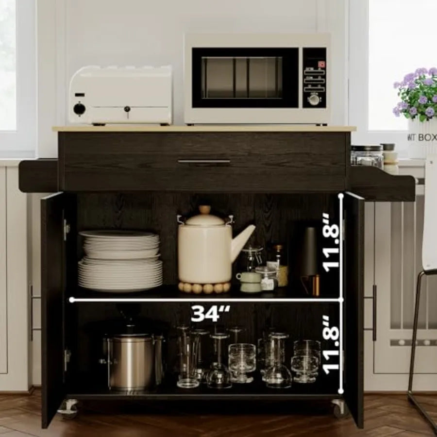 Rolling Kitchen Island Table on Wheels with Drop Leaf, Storage Cabinet, Drawer, Spice/Towel Rack, Kitchen Cart, 47.25 Wide Blac